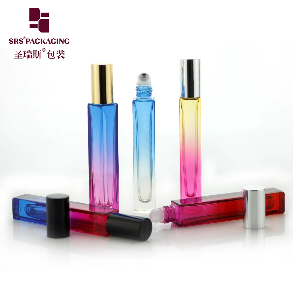 SRS Square Glass Ball 10ml Roll On Bottle Gradient Spraying Light Blue Rose Colored Roller bottle