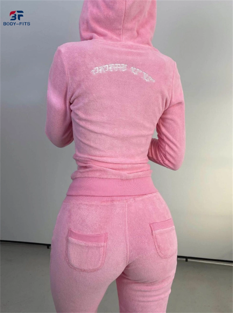 El otoño de dos piezas 2022 Terry toalla Bodysuit Streetwear emparejador de Mujeres Rosa llano Juego de arriba sudadera y pantalón Zip Establecer Sweatsuit