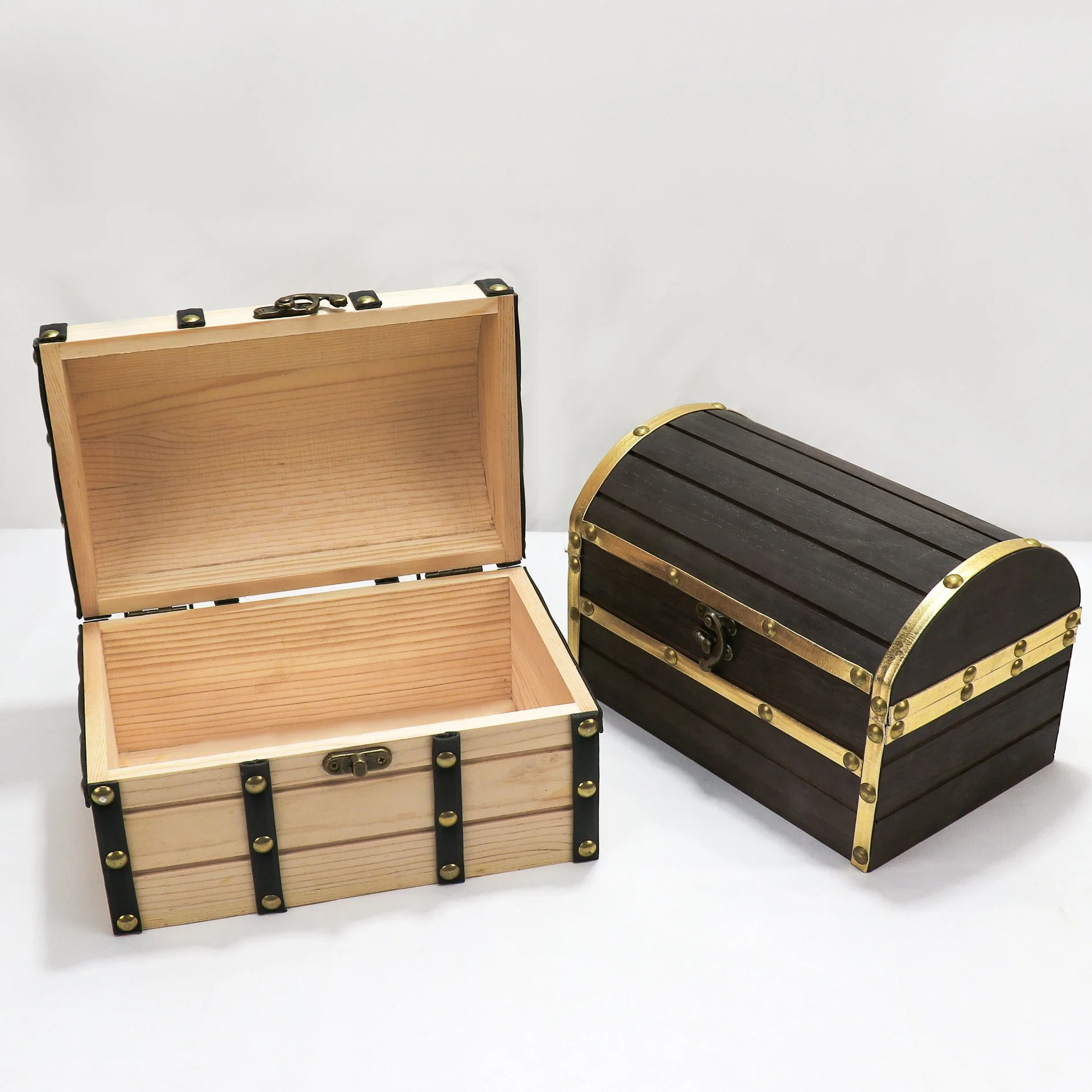 Wood and Leather Treasure Chest Wooden Box Jewelry Box with Latch