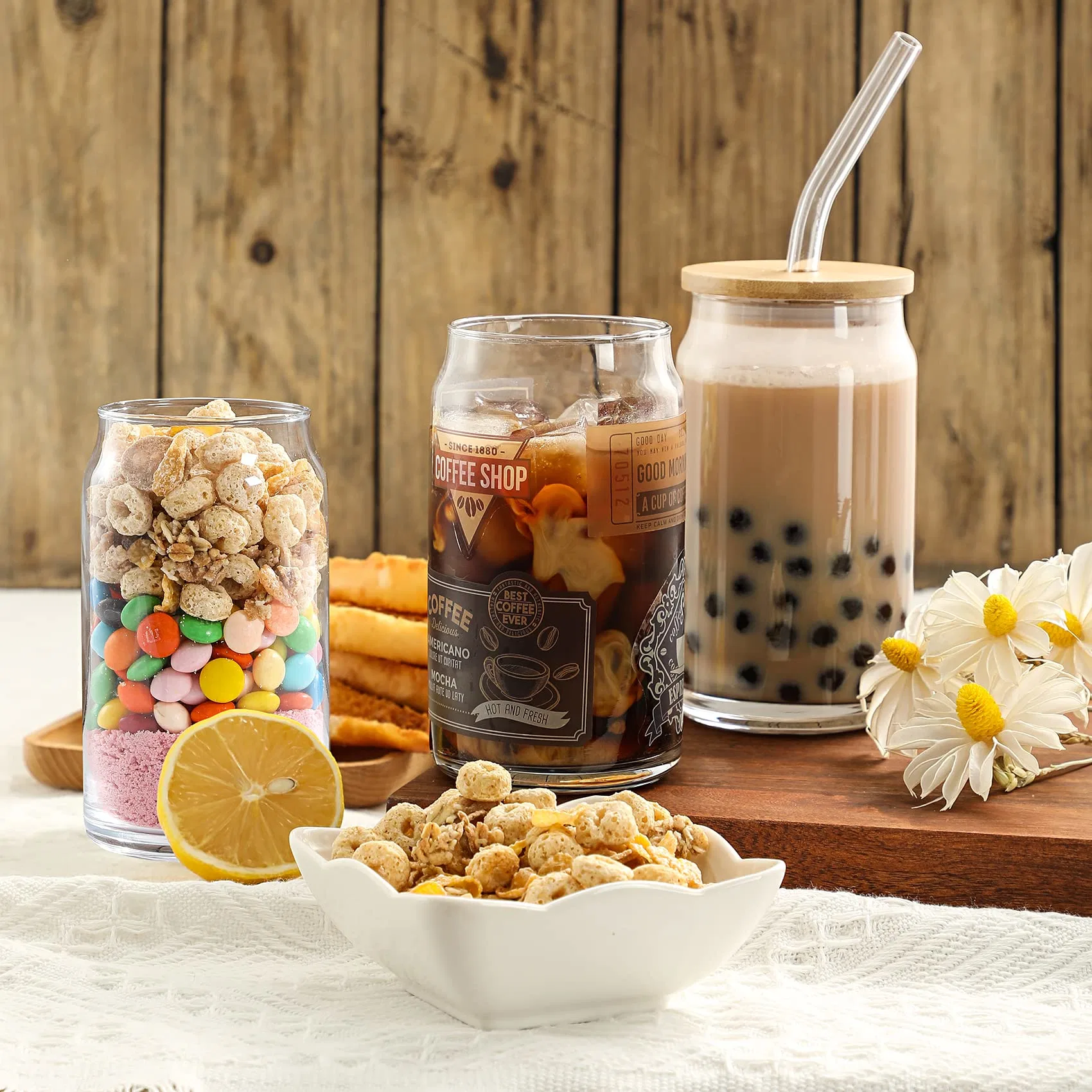 Glass Cups with Bamboo Lids and Glass Straw - Beer Can Drinking Glasses, 16 Oz Iced Coffee Glasses, Cute Tumbler Cup for Smoothie, Boba Tea, Whiskey, Water