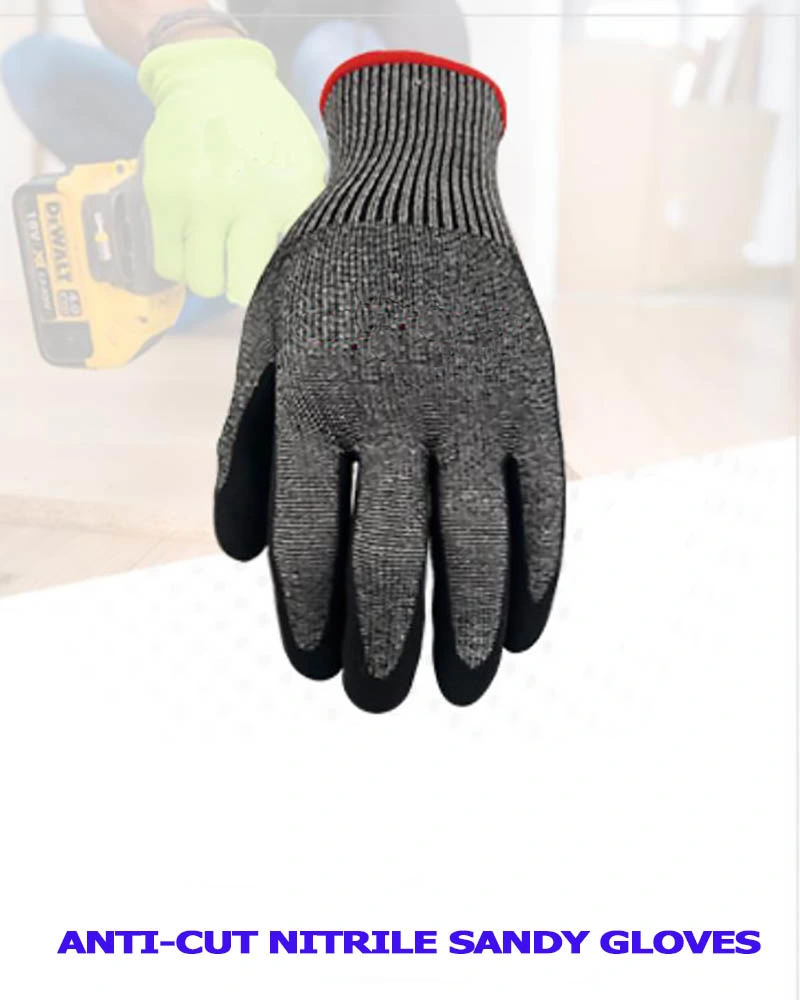 En388 4 Anti Cut Safety Nitrile with Finger Protection Grey Industrial Leather Protective Gym Hppe Gloves for Mechanic Gloves