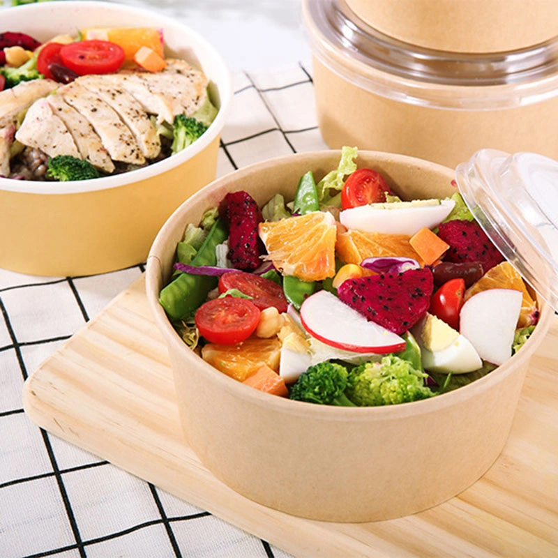 Assiette à salade en papier bol en papier Kraft jetable à emporter Saladier avec couvercle pour animaux Kraft Paper Bowl