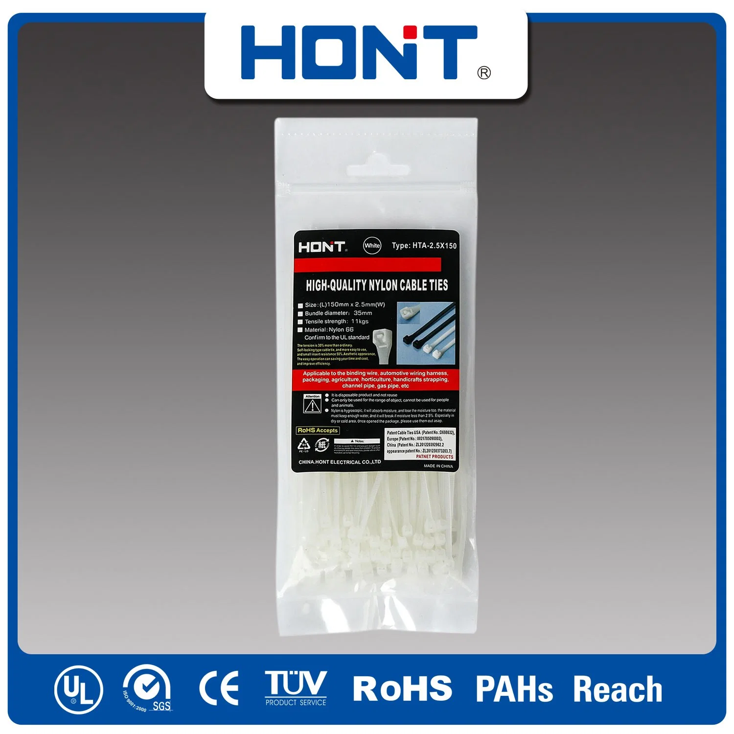 Hont 2.5/3.6/4.8/7.2/9/12 Plastic Bag + Sticker Exporting Carton/Tray Cable Ties Tie