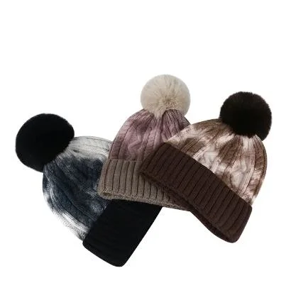 Tie Dye Winter Hat Knitted Beanies with POM POM Woman Warm Beanie Hat