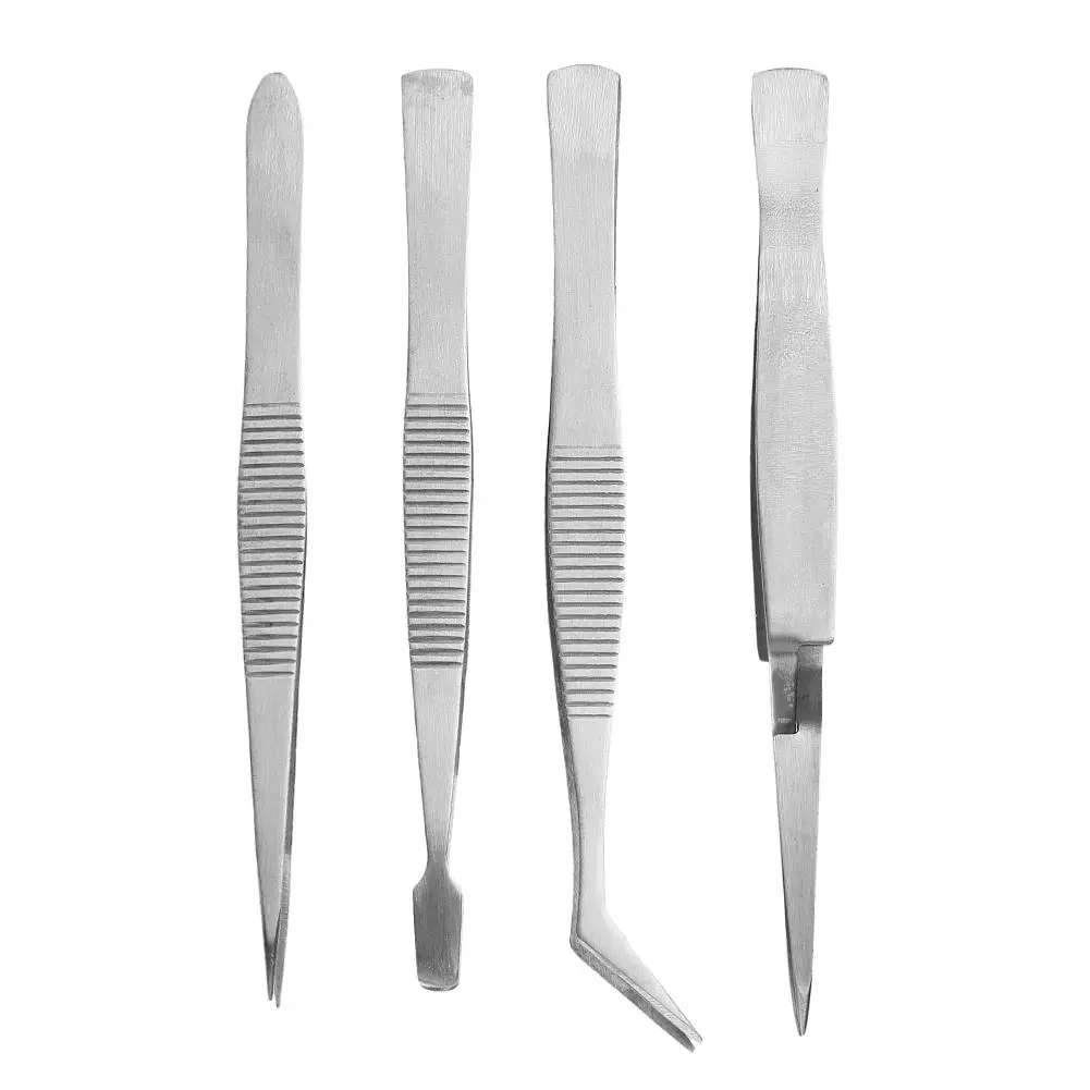 4PCS/Set Precision Tweezers Stainless Steel Thick Electronics Forceps Eyebrow Tweezers Anti-Skid Makeup Repair Multi Tools