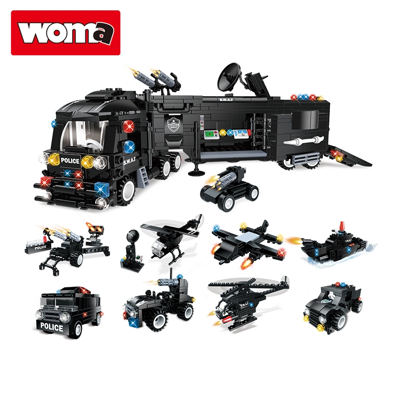 Woma Toys Amazon Hot Sale 8 in 1 Black Swat Team Car Model Building Blocks Other Educational Hobbies for Kids Assemble Puzzle Game Toy