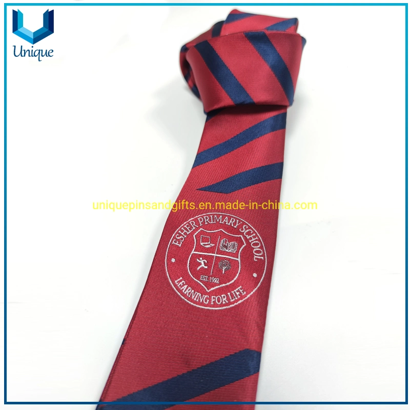 Navy Blue and Khaki Microfiber Striped Ties School Logo Embroidered Custom Tie