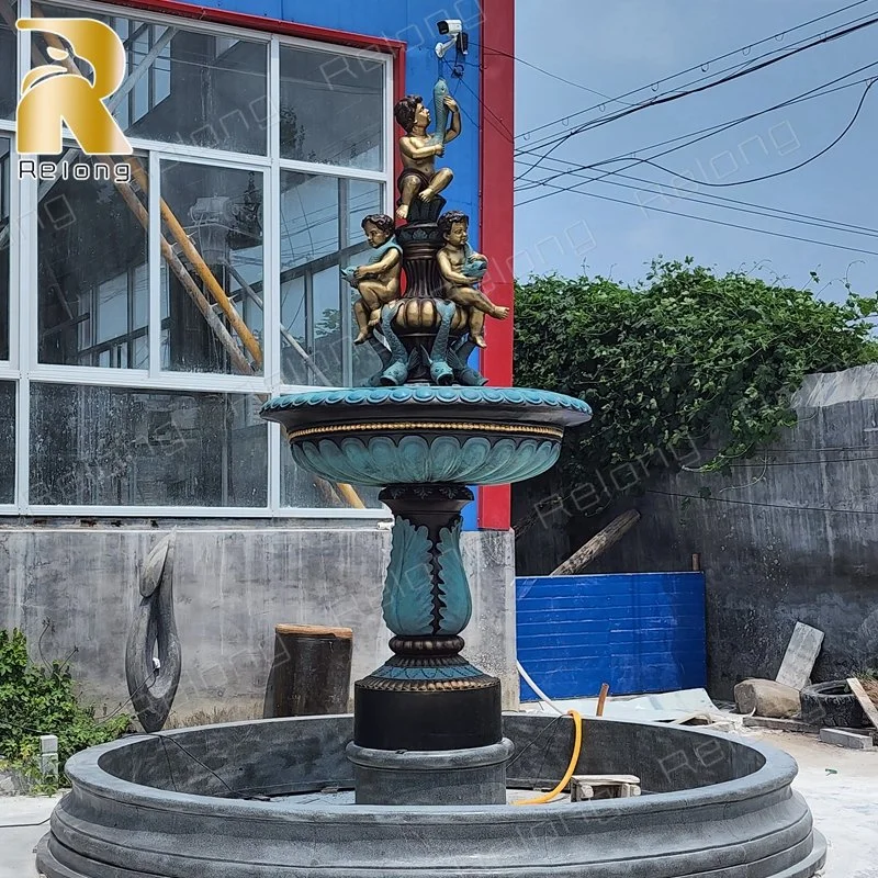 Antique High Quality Copper Bronze Casting Layer Fountain with Kids and Fish Statue