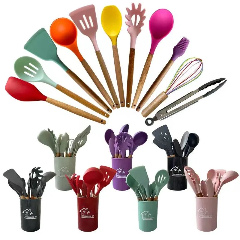 Wholesale High Quality Home Kitchen Tools Food Grade Wooden Handle Silicone Kitchen Utensil Set 12PCS