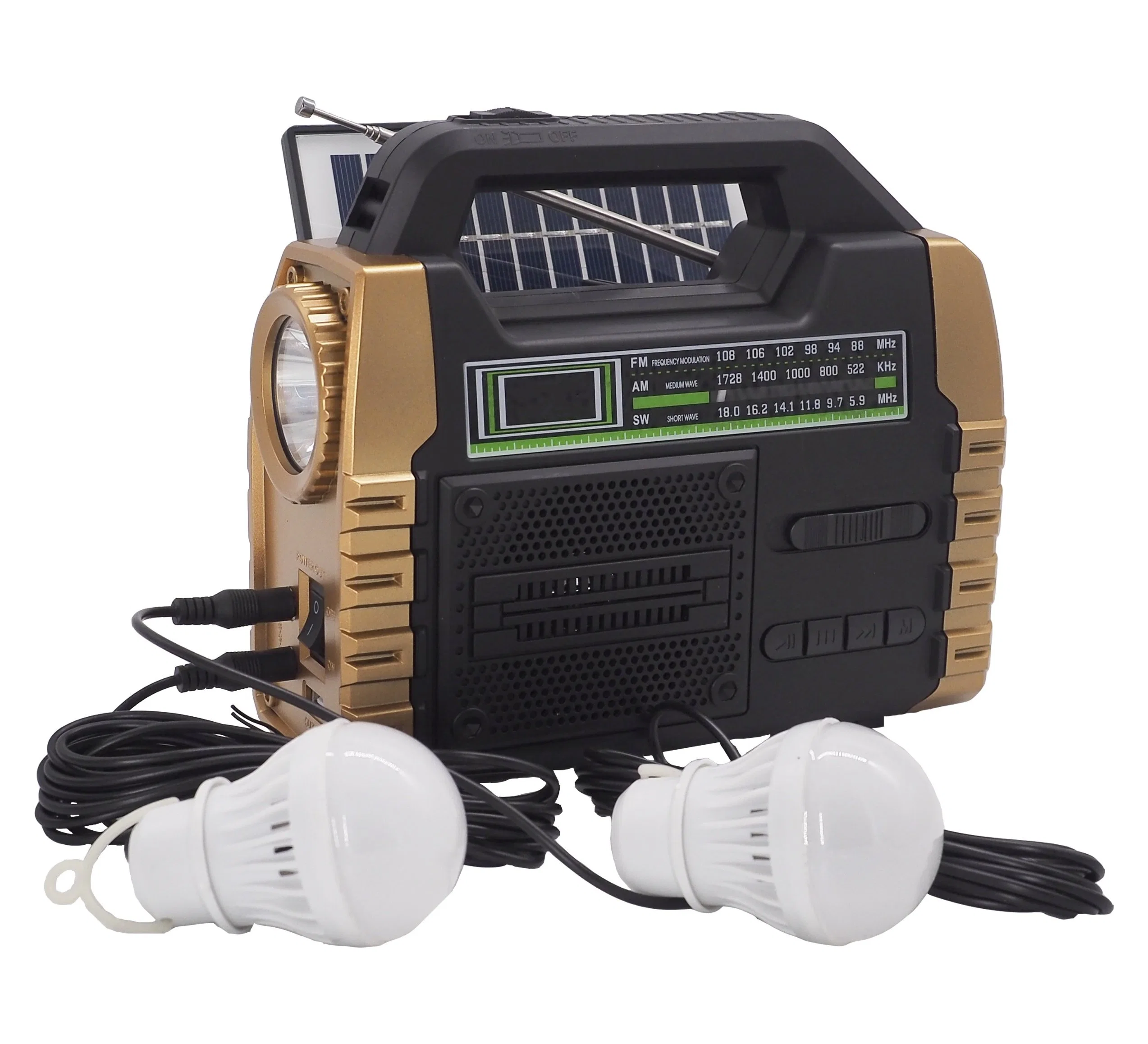 Tw325 Hot Selling Solar Panel FM Radio Bluetooth Speaker with Power Output Power Bank Function 2 Bulbs Small System