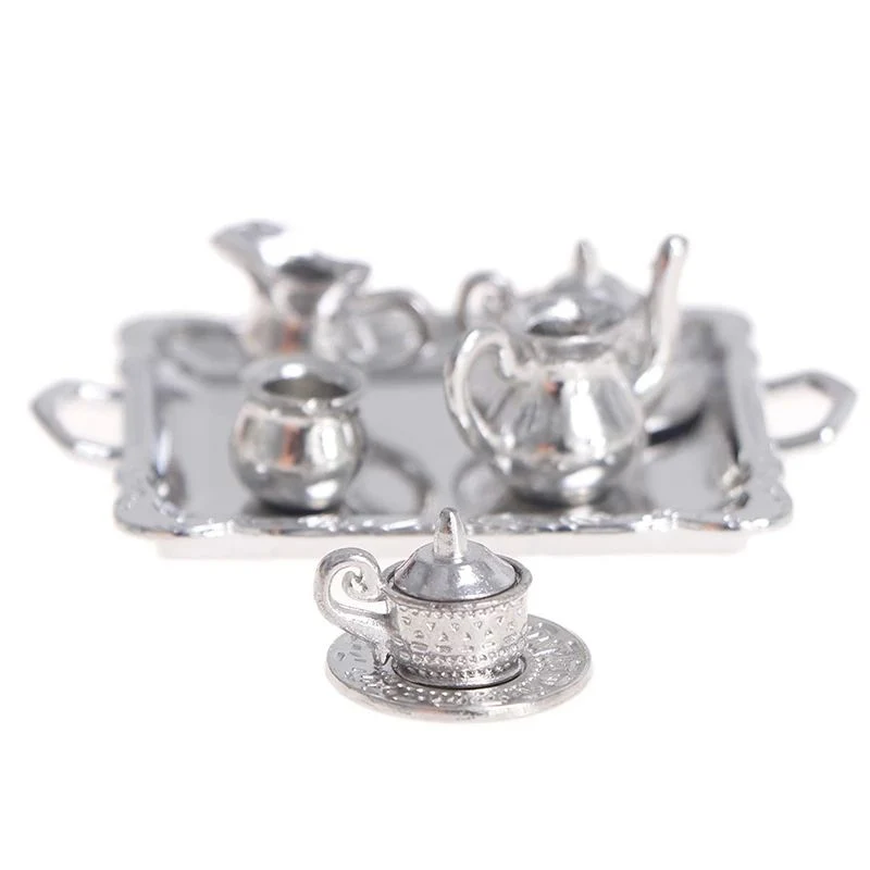 Dollhouse miniatura Plata Metal té Café bandeja vajilla juego para Decoración Dollhouse