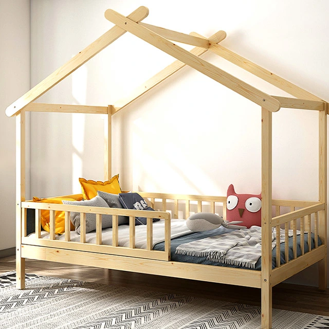 Solid Pine Wood House Shaped Kids Bed Multifunctional Children Home Bed