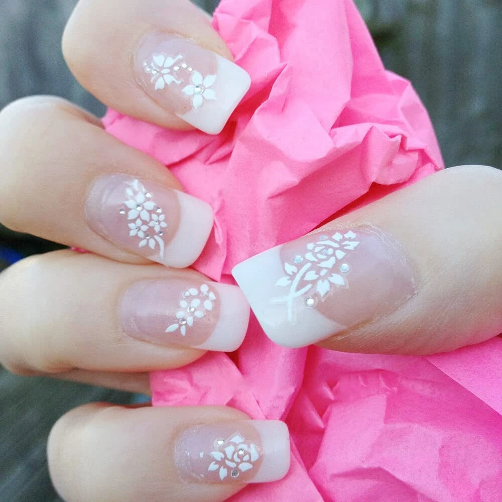 Flower Nail Art Stickers, White Nail Designs Nail Decals 3D Self Adhesive Nail Stickers Nail Art Supplies White Flower Stickers with Rhinestones for Nails Decor