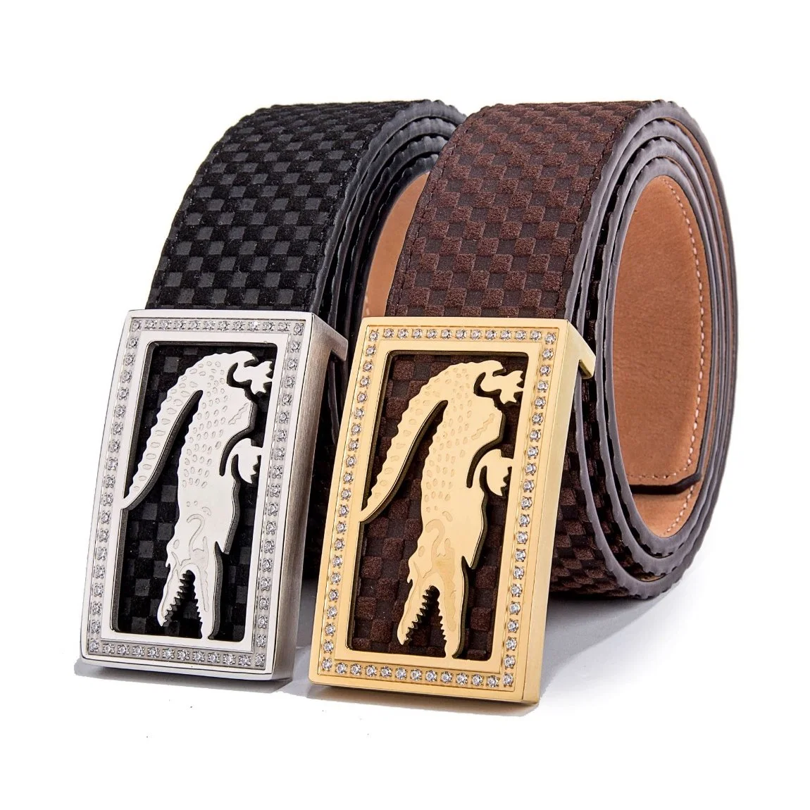 Men's Zircon Stainless Steel Buckle Exquisite Small Plaid Cowhide Belt