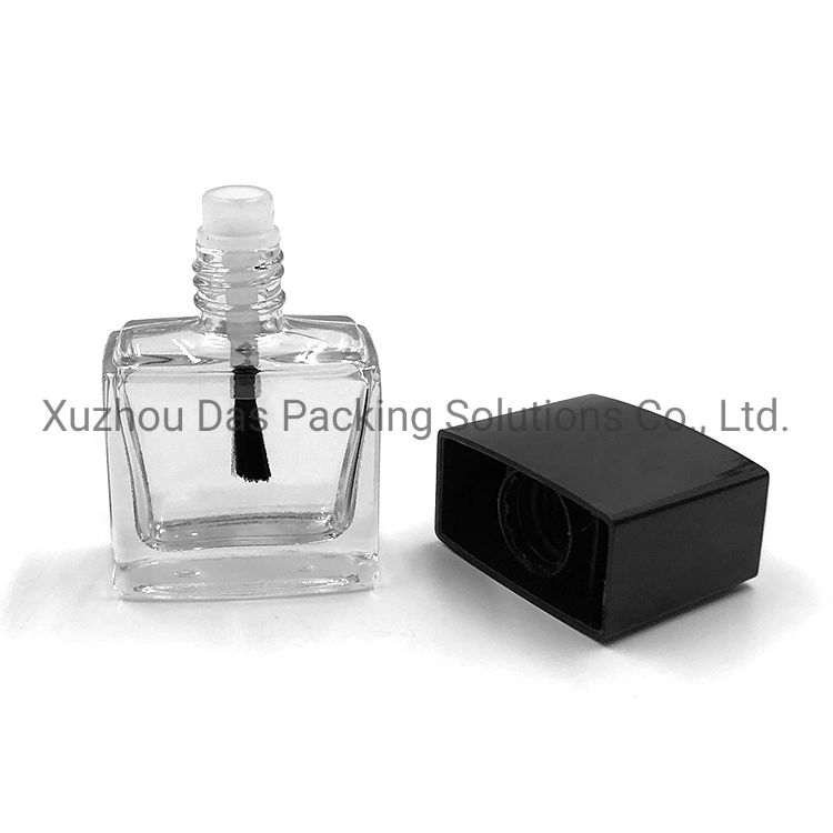 Rectángulo vacío 12ml esmalte de uñas Botella de vidrio con tapa cepillo cuadrado negro.