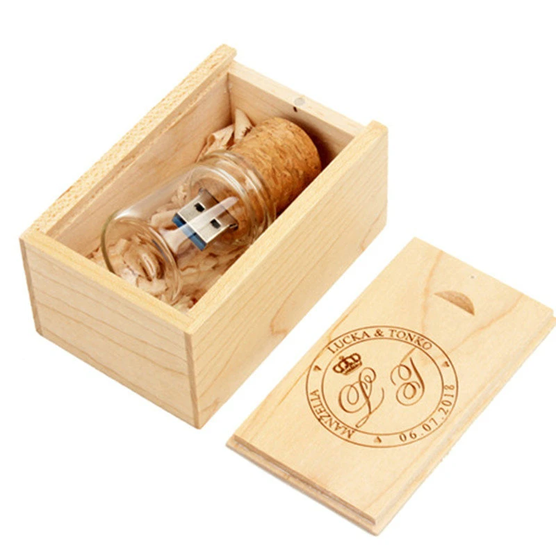 Promotional Gift Wooden Cap Nice Glass Bottle Shape USB Drive with Customized Logo