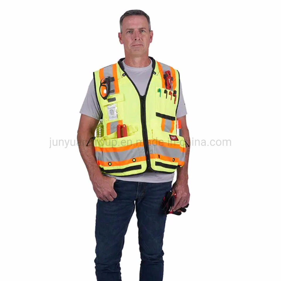 OEM Factory Custom Logo ANSI 2 Construcción de Alta visibilidad Reflectiva Chaqueta Vest Surveyor con bolsillos