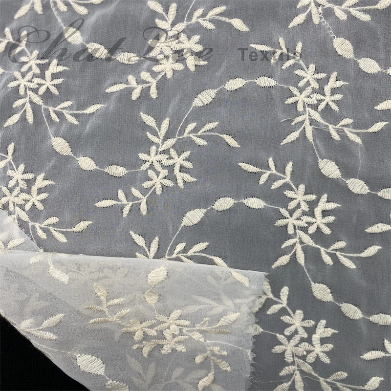 Polyester Chiffon White Leaf Flower Embroidery Fabric for Garment Fabric Dclothes