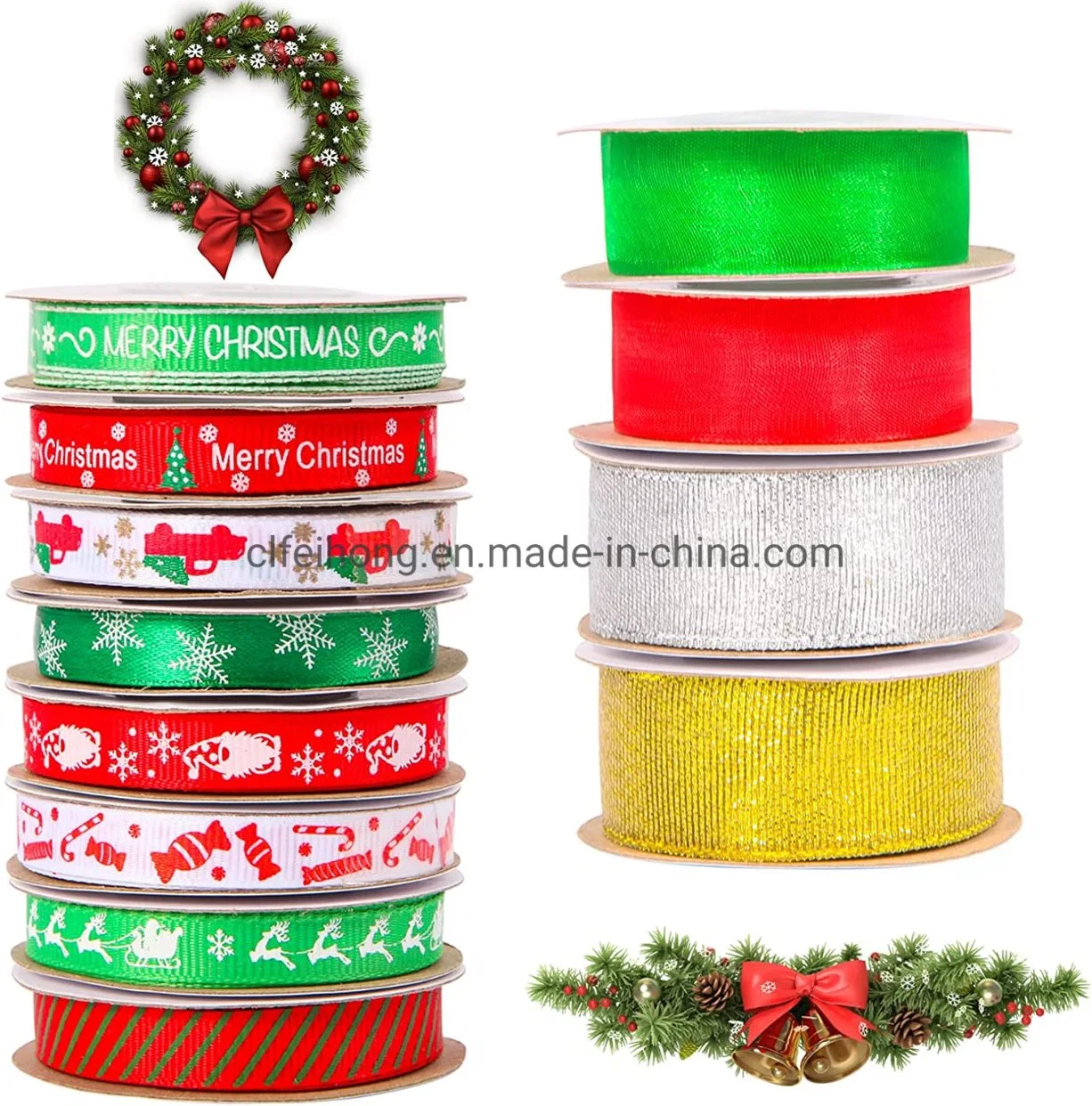 Hot Sale Wholesale Factory Price Printed Ribbon Grosgrain Satin Organza Ribbon Christmas/ Xmas Ribbon for Celebration Gift Box Packing Wrapping Decoration