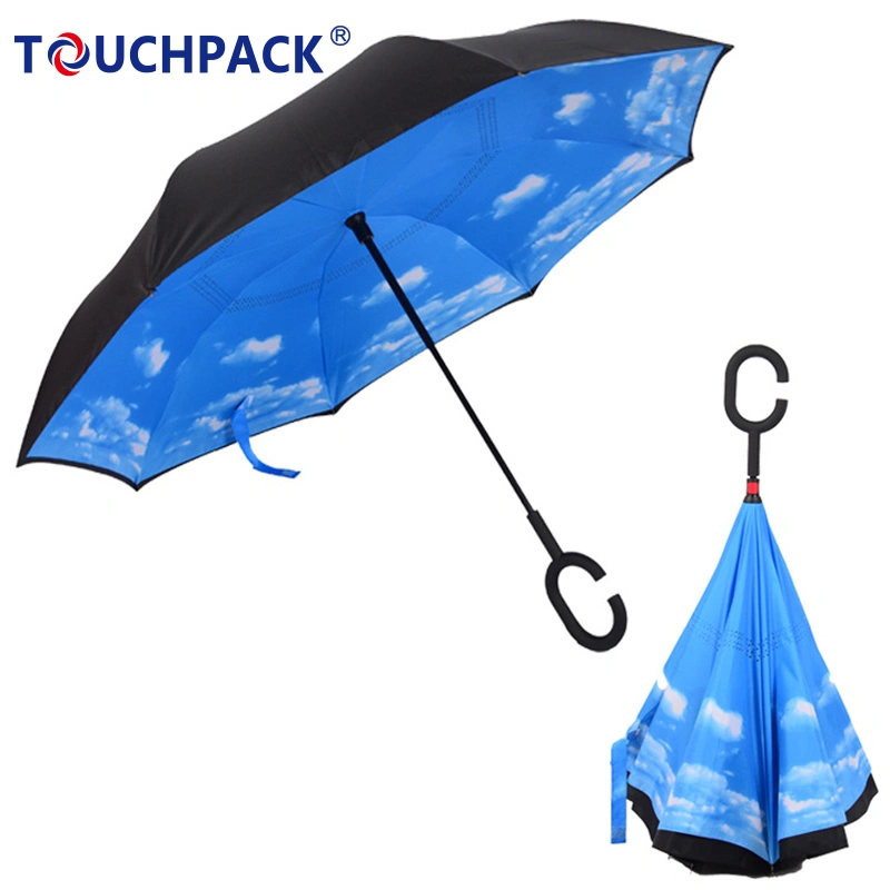 Amazon Best Seller Double Fabric Windproof C Shape Handle Upside Down Inverted Reverse Umbrella