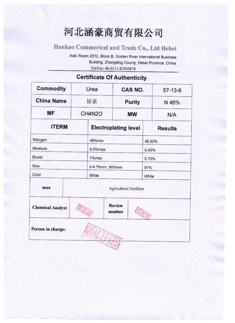 Grueso Urea fertilizante de nitrógeno N46 con SGS Agricuture Informe de la prueba para su uso.