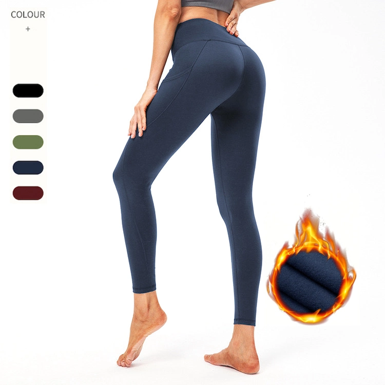 Neue trendige dünne Fleece gefütterte Trainingshose Gym Hose für Damen, seitliche Handytaschen Yoga Hose Frühjahr/Herbst/Winter Trainingsbekleidung Leggings