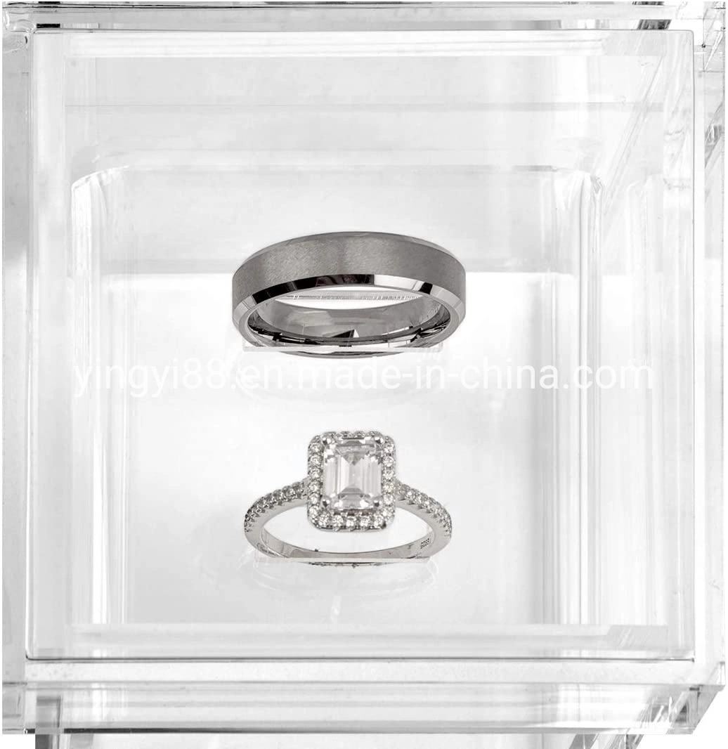 Caixa de oferta personalizada de jóias de cristal Perspex claramente acrílico visível casamento Caixa de anel