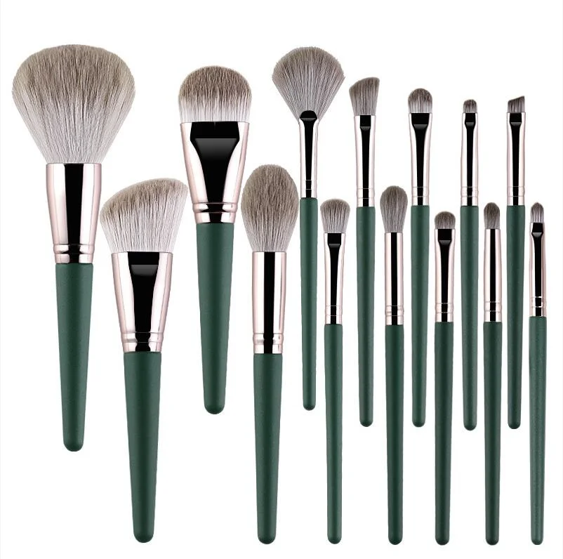 14pcs vert ensemble brosse maquillage de luxe Kit de fondation sous étiquette privée sac cosmétique avec des brosses de PU