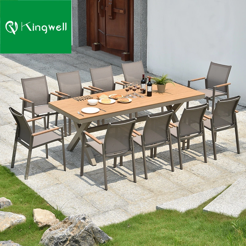 Outdoor Hotel Furniture Wooden Dining Table Set Mesh Chairs Set with Teak Armrest