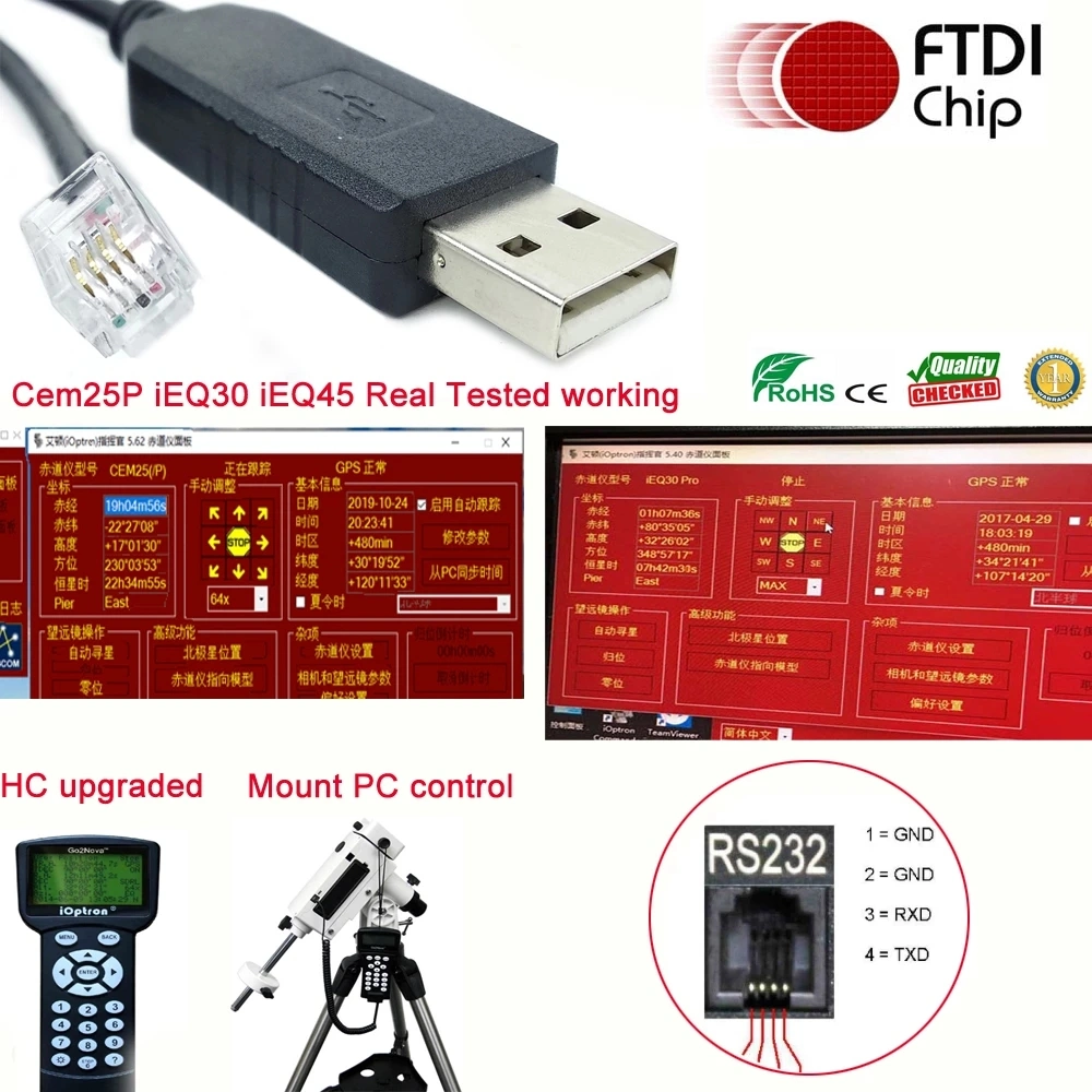 FTDI Chip USB RS232 serie a RJ9 rj10 4p4c para Cable de actualización Ioptron Ieq45 Cem25p Ieq30 PRO cable de control de PC