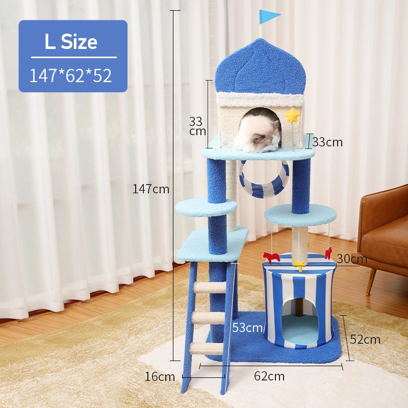 Aegean Park Series Blue Large Cat Trees Scratching Tower Board Toys Jumping Platform Pet Play House