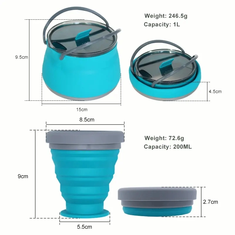 Three Plece Set Portable Silicone Camping Collapsible Kettle Pot Bowl Cups Cook Set with Custom Logo