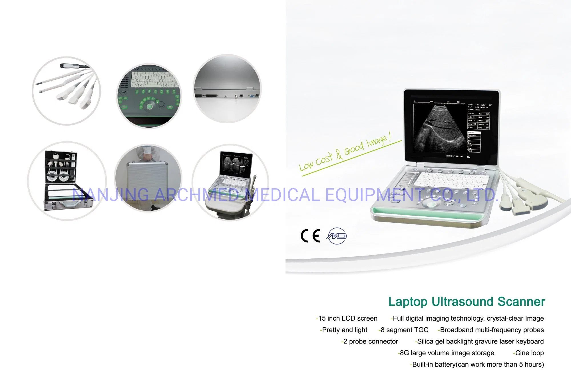 Medical Equipment Laptop Digital Portable Ultrasound Scanner B/W with 15 Inch Medical LED Monitor