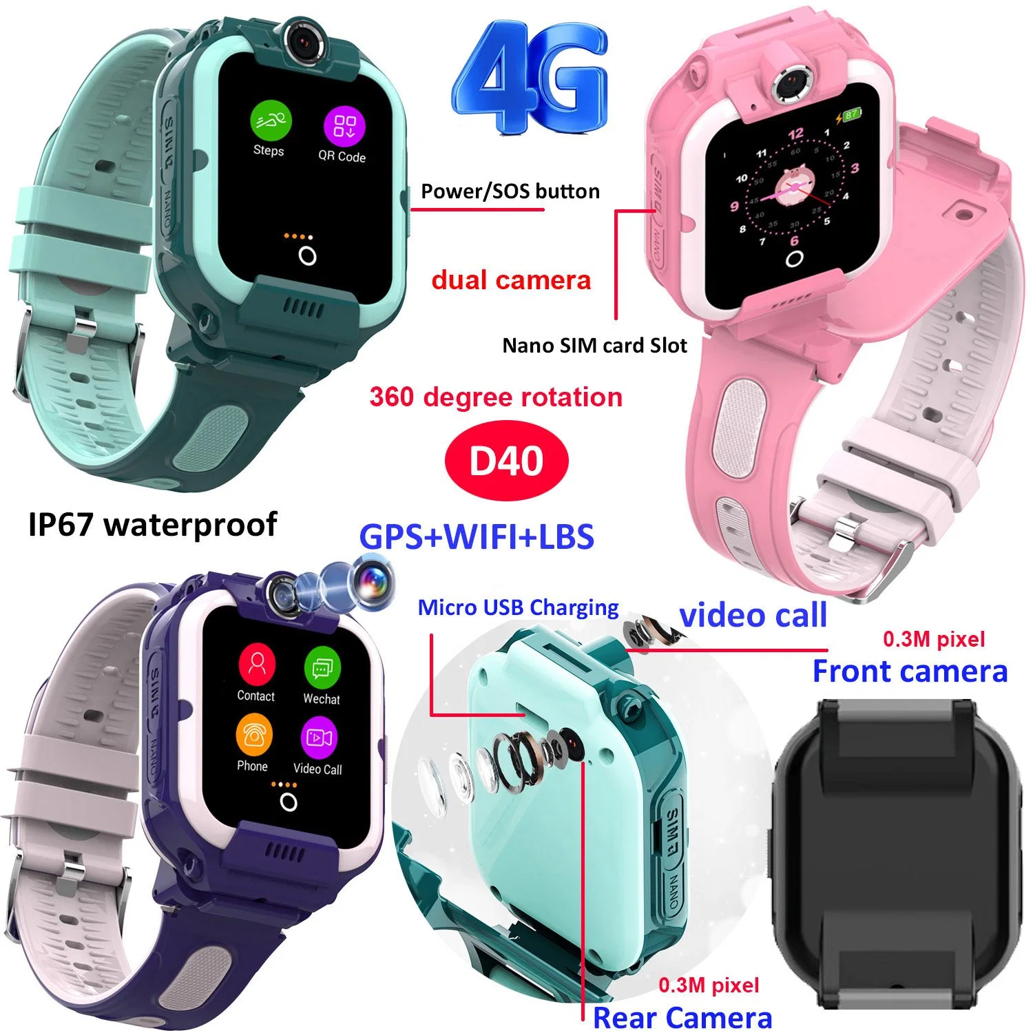 New Trendy IP67 waterproof LTE Long Battery Life Teen Boys Girls Kids SOS Watch GPS with Geo-fence alerts 360 Degree Rotation Dual Camera D40