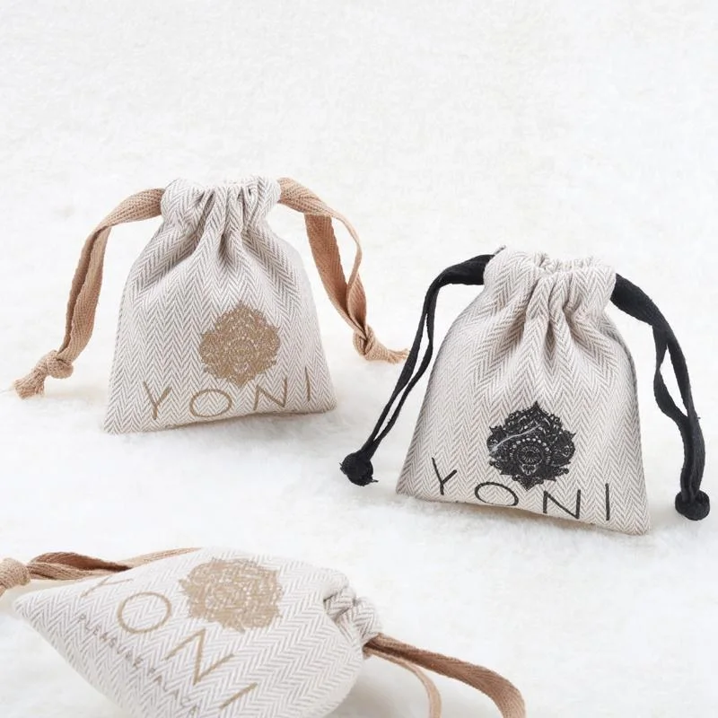 Promoción pequeña Boda Lino algodón regalo Joyería Bolsa Custom Logo Funda de algodón estampado con cordón ajustable