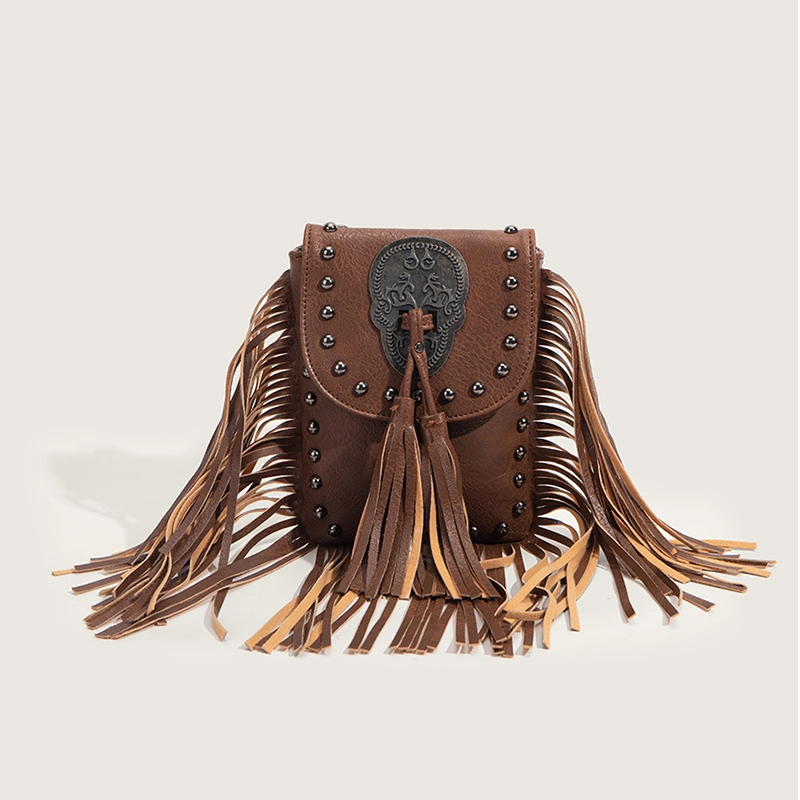 Ladies Fashion Tassels Decoration Leather Chain Shoulder Phone Bag