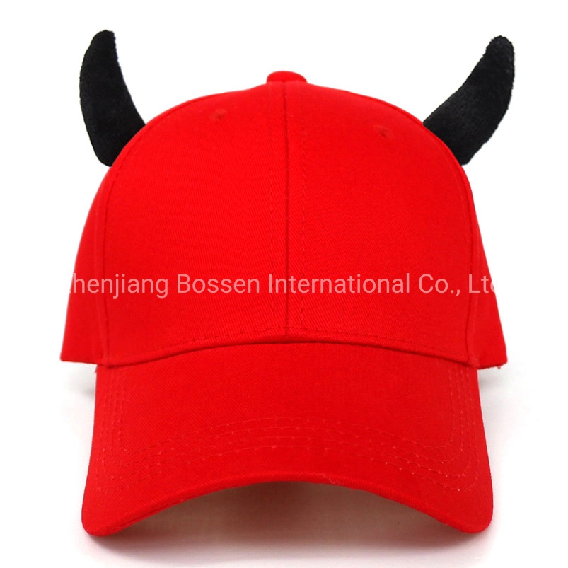 OEM Customized Logo Embroidered Black Cotton Baseball Hat Cap with Horns