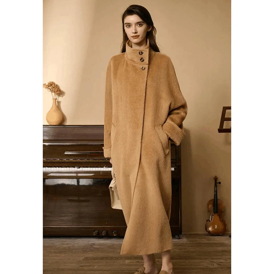 Inverno Mongolian Cashmere casaco luxuoso Senhoras longa Alpaca lã Trench Casaco para mulher 100% lã Cashmere artesanal Coat para mulher