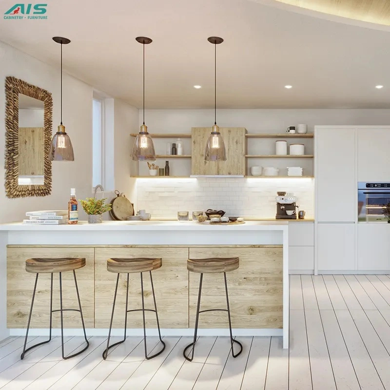 المطبخ خزانة التصميم الحديث التصميم على طراز جزيرة مطبخ مخصص خشبية بيضاء مجموعة أثاث مطبخ الميلامين