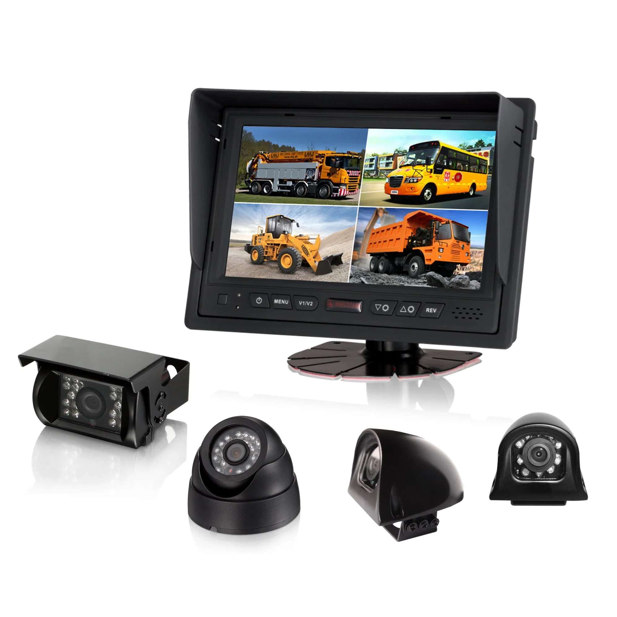 Rear View System with 7" Quad TFT LCD Monitor and Four Waterproof Backup Cameras