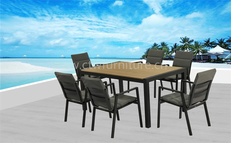 Aluminum Plastic Wood Top Outdoor Patio Garden Dining Table with Chair