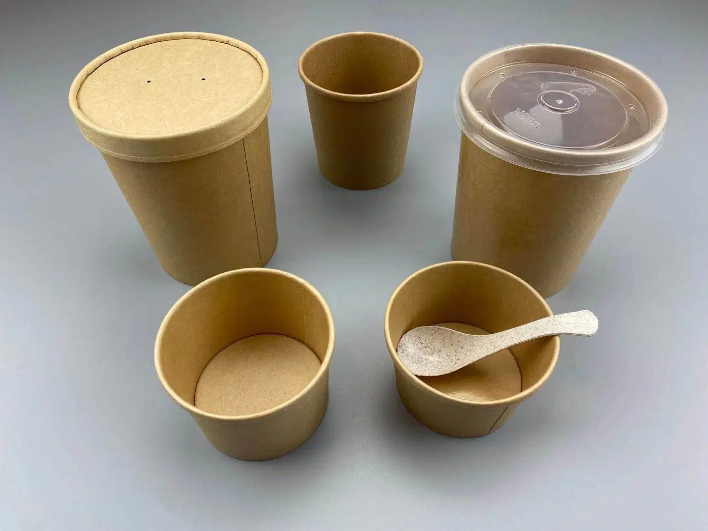 Disposable Takeaway Kraft Paper Noodle Bowl Hot Soup Cup with Paper Flat Lid