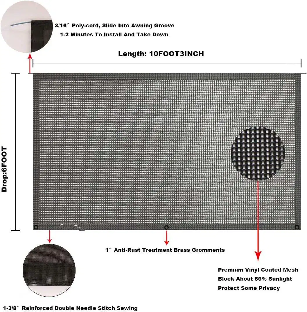 RV Awning Sun Shade 6' X 10' 3'' Black Mesh Screen Sunshade with Kits Motorhome Camping Trailer UV Sunblocker