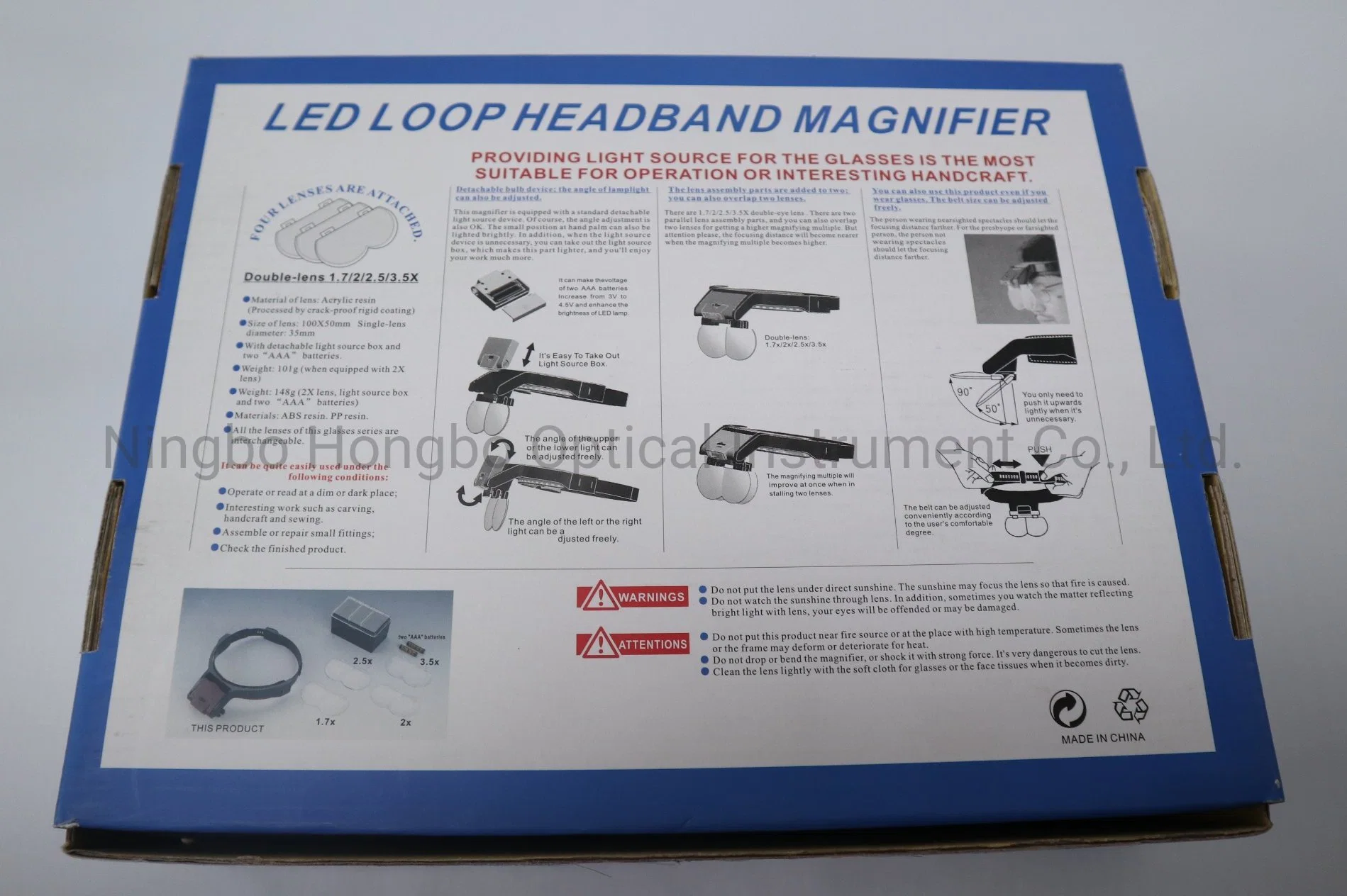 Magnifier Glass Mg81001-B with Four Sets of LED Light Lenses, Multi-Functional Headmounted Automatic Booster