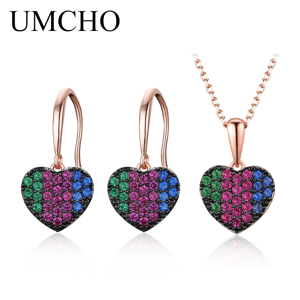 Fine Jewelry New 925 Sterling Silver Jewelry Sets for Woman Heart Colorful Gemstone Pendant Necklace Drop Earrings Wedding