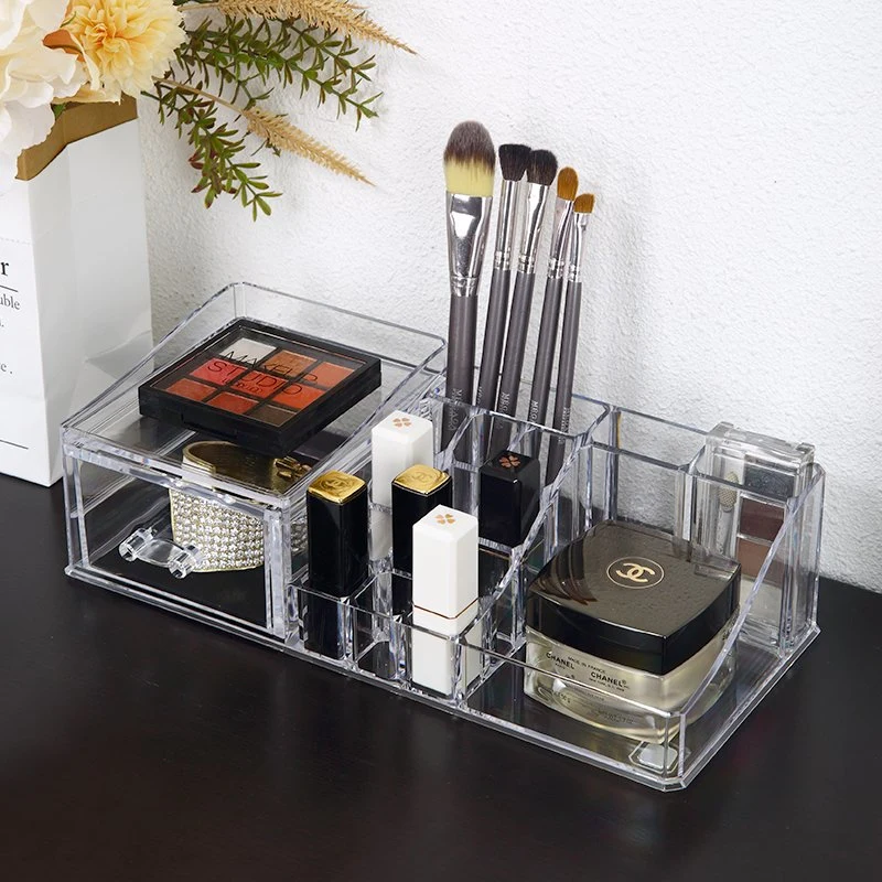 Bandeja de plástico transparente duradera para el organizador de cajones para maquillaje Caja cosmética Vestidor apilable PS Maquillaje Organizador de almacenamiento con divisores