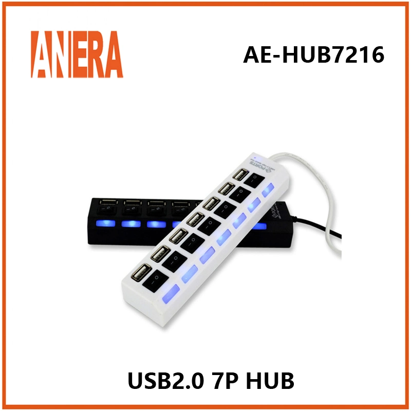 Anera Hub USB 2.0 à 7 ports mince et léger avec interrupteur individuel et câble de 45 cm, idéal pour ordinateur portable et PC.