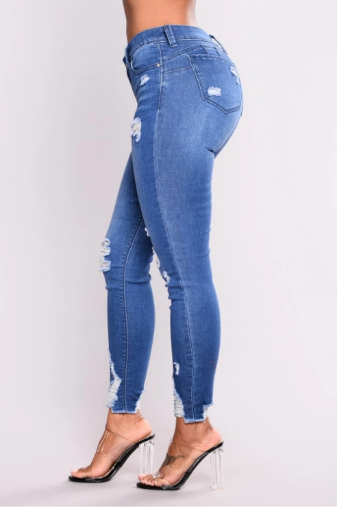 Women Elastic Ripped High-Waisted Jeans Hot Style Trousers