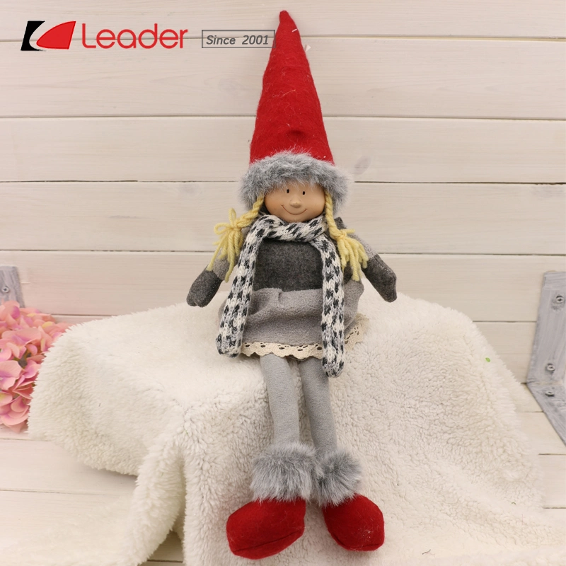 Best Selling Lovely Newest in Grey Knitting with Red Hat Christmas Sitting Doll Figurine, Fabric Crafts for Table Decoration and Holiday Gifts