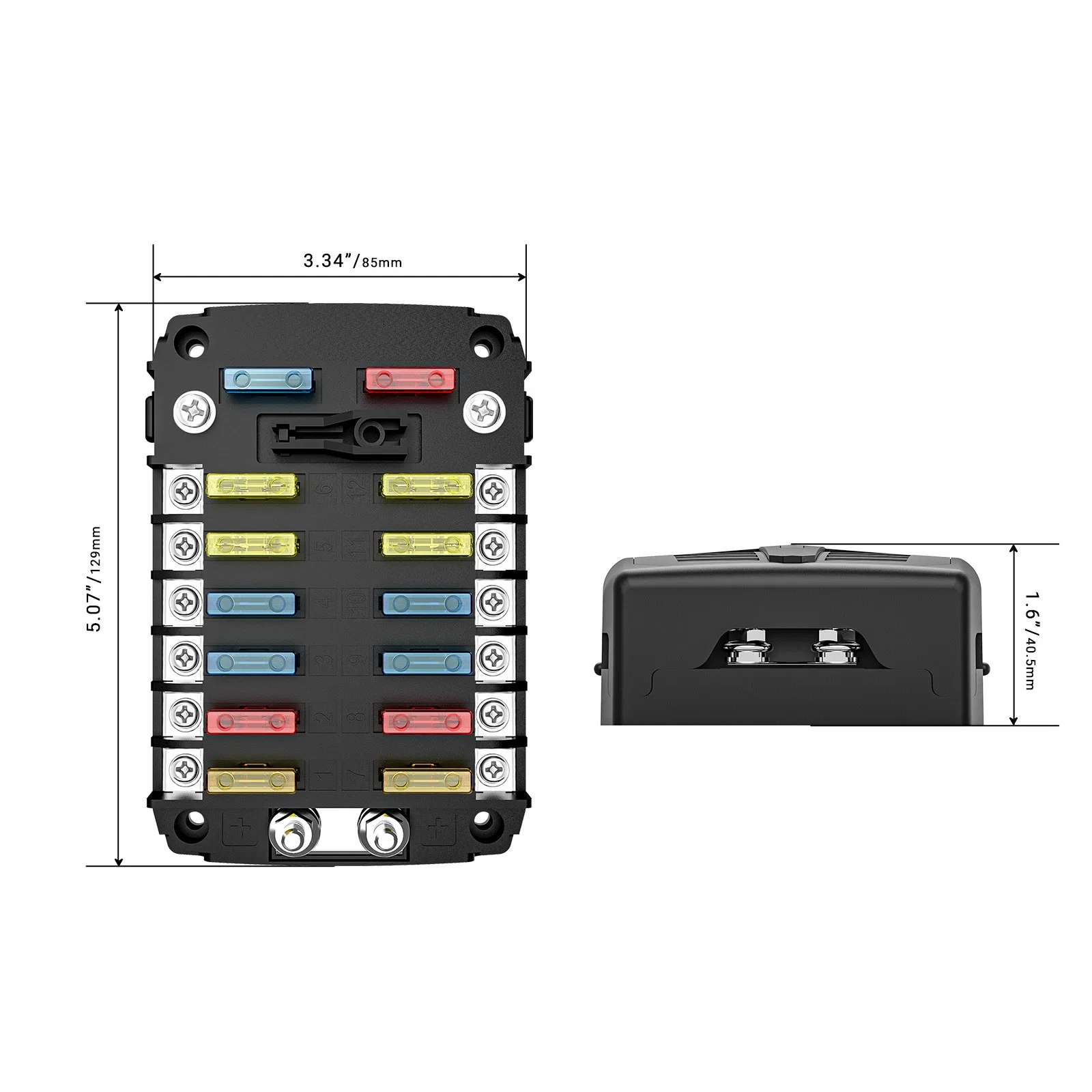 Edge Af12 12-Way Atc/ATO Fuse Block, 12-Circuit Power Block for Car RV Truck Boat UTV/ATV, Bolt Terminals, 24PCS Fuses, Screws, Fuse Tool & Sticker Labels